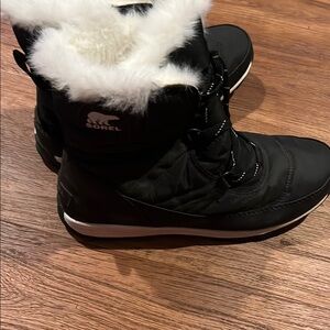 Sorel Black Lace Up Boots with White Fur